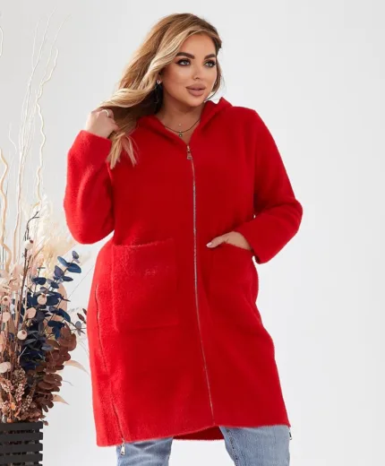 Пальто з альпаки з капюшоном червоне 50-58 розміру