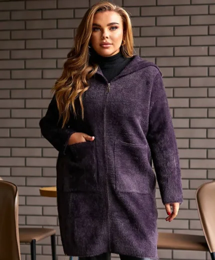 Пальто з альпаки з капюшоном баклажанове 50-58 розміру