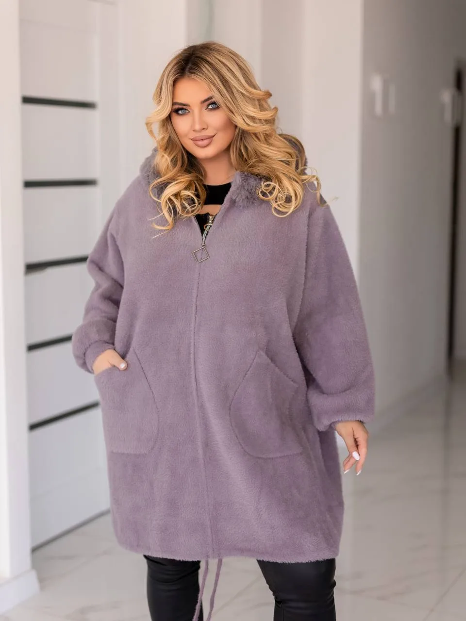 Довга жіноча куртка з альпаки великих розмірів (56-70) - Зображення 4