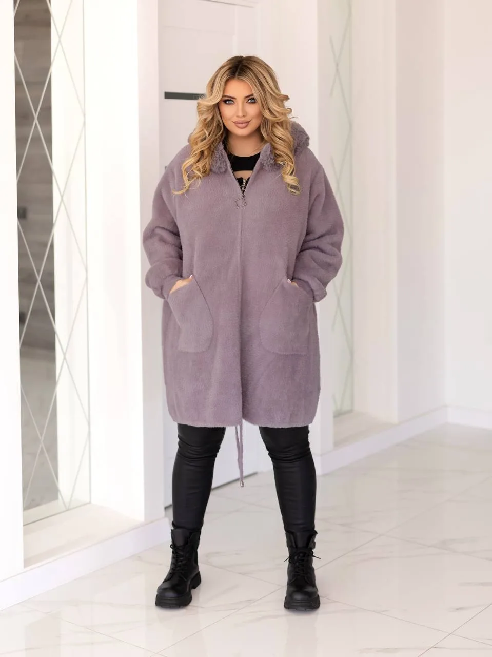Довга жіноча куртка з альпаки великих розмірів (56-70) - Зображення 2