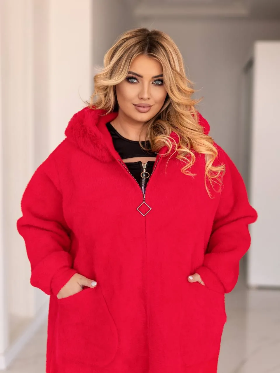 Довга жіноча куртка з альпаки великих розмірів (56-70) - Зображення 4