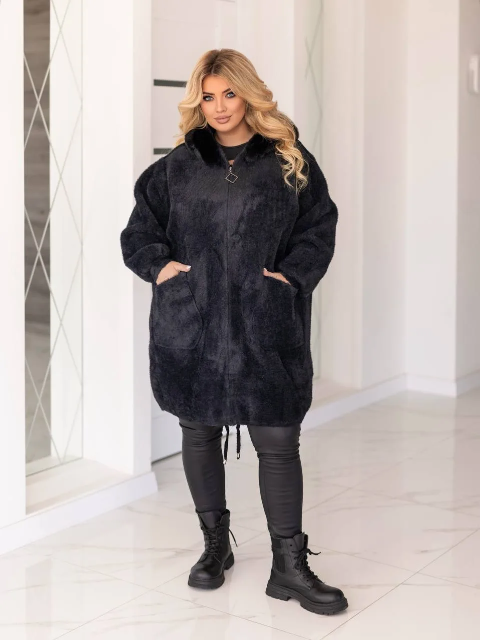 Довга жіноча куртка з альпаки великих розмірів (56-70) - Зображення 4