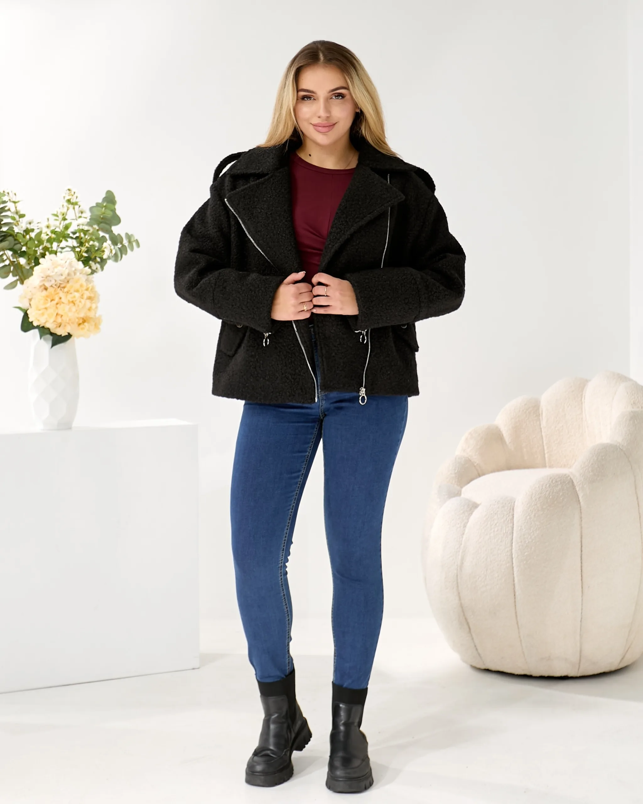 Жіноча косуха з букле на підкладці — чорна або темно-бежева | Розміри L–XXL