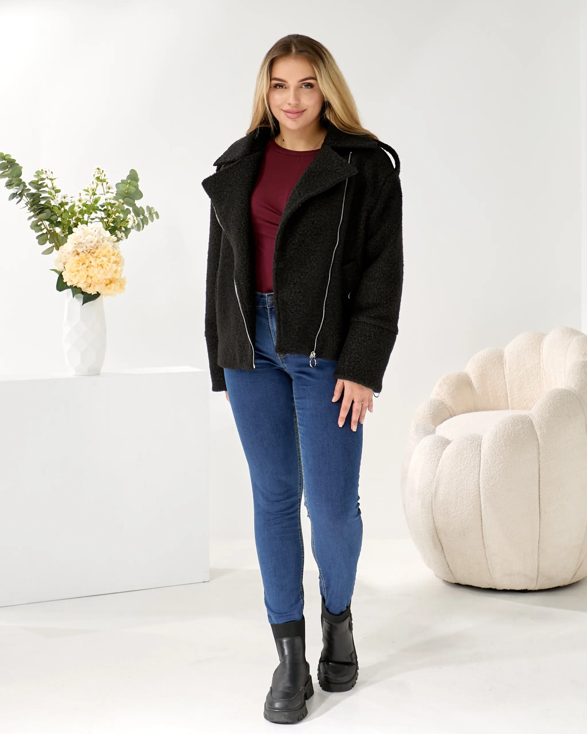 Жіноча косуха з букле на підкладці — чорна або темно-бежева | Розміри L–XXL - Зображення 9