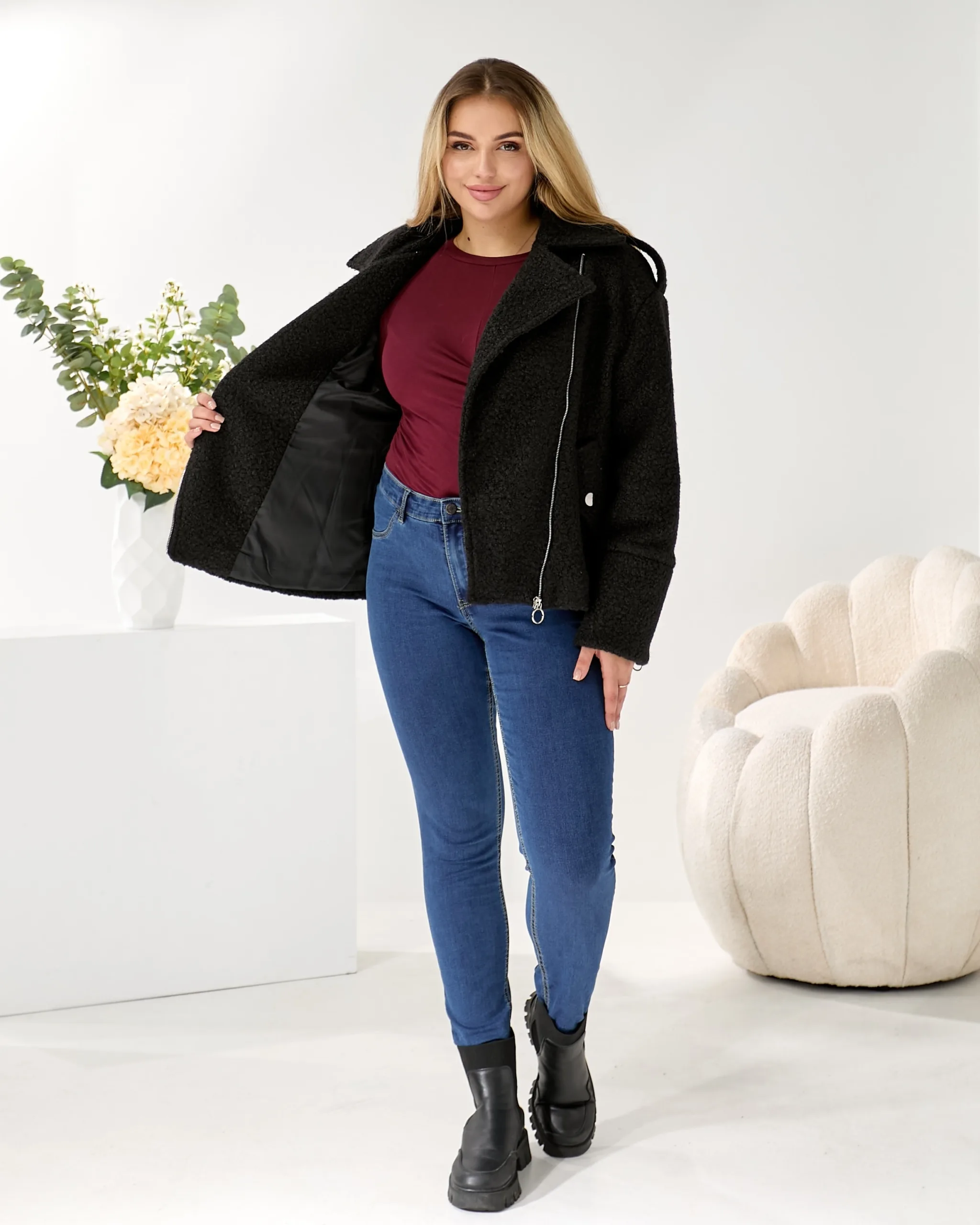 Жіноча косуха з букле на підкладці — чорна або темно-бежева | Розміри L–XXL - Зображення 8