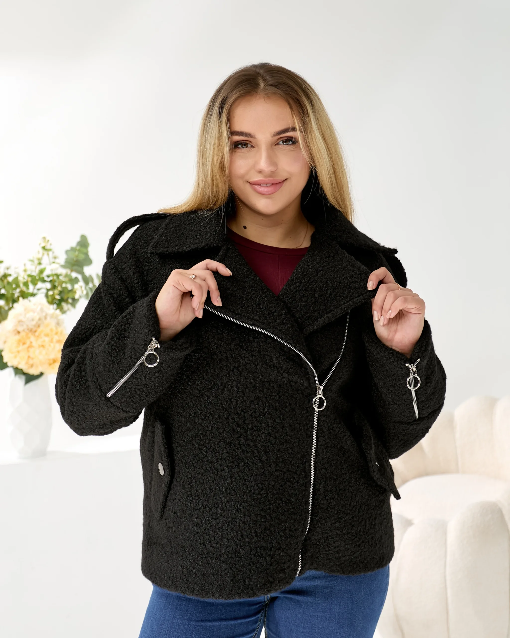 Жіноча косуха з букле на підкладці — чорна або темно-бежева | Розміри L–XXL - Зображення 4