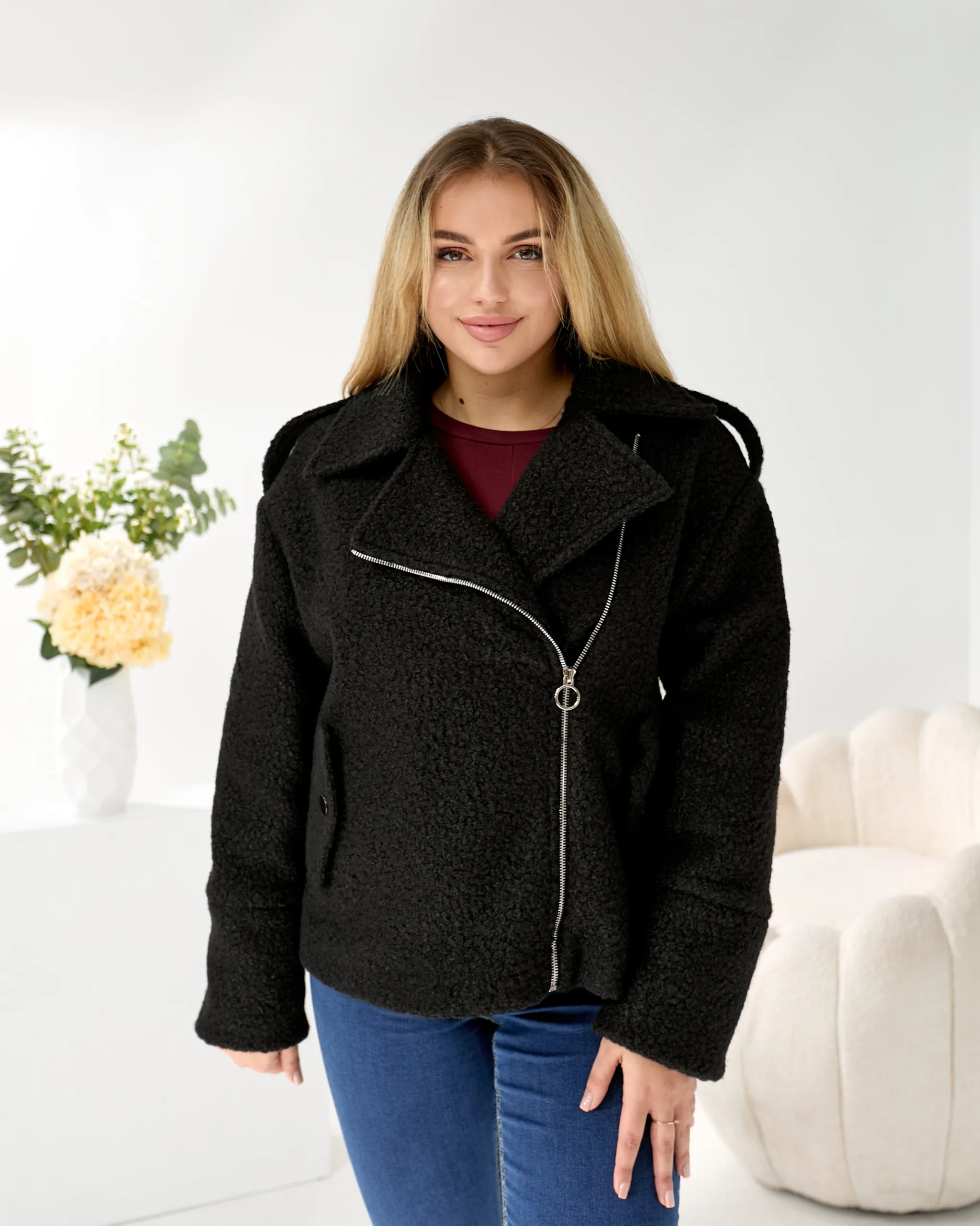 Жіноча косуха з букле на підкладці — чорна або темно-бежева | Розміри L–XXL - Зображення 3