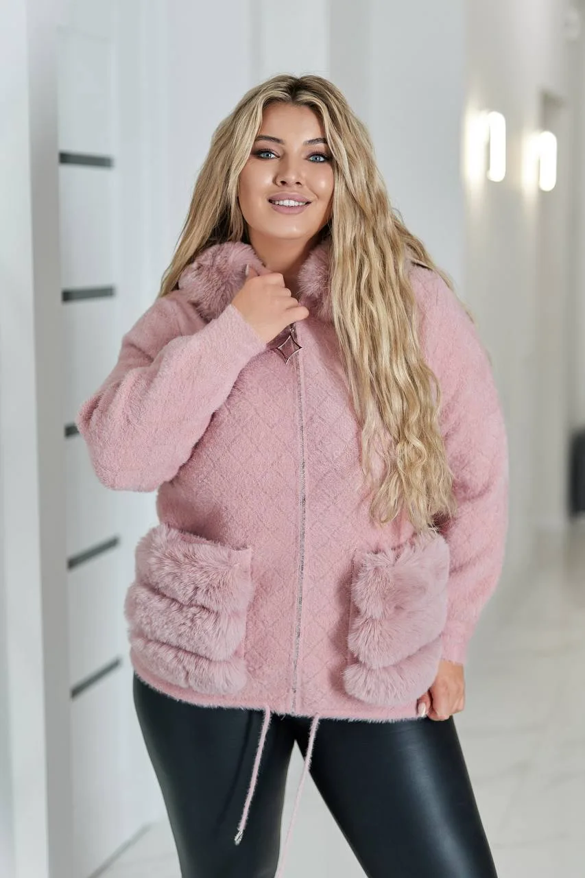 Коротке пальто з альпаки жіноче | Тепле пальто з хутром | Розміри 50–58