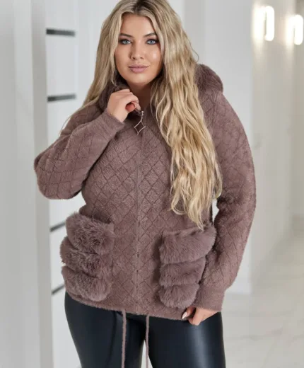 Коротке пальто з альпаки жіноче | Тепле пальто з хутром | Розміри 50–58