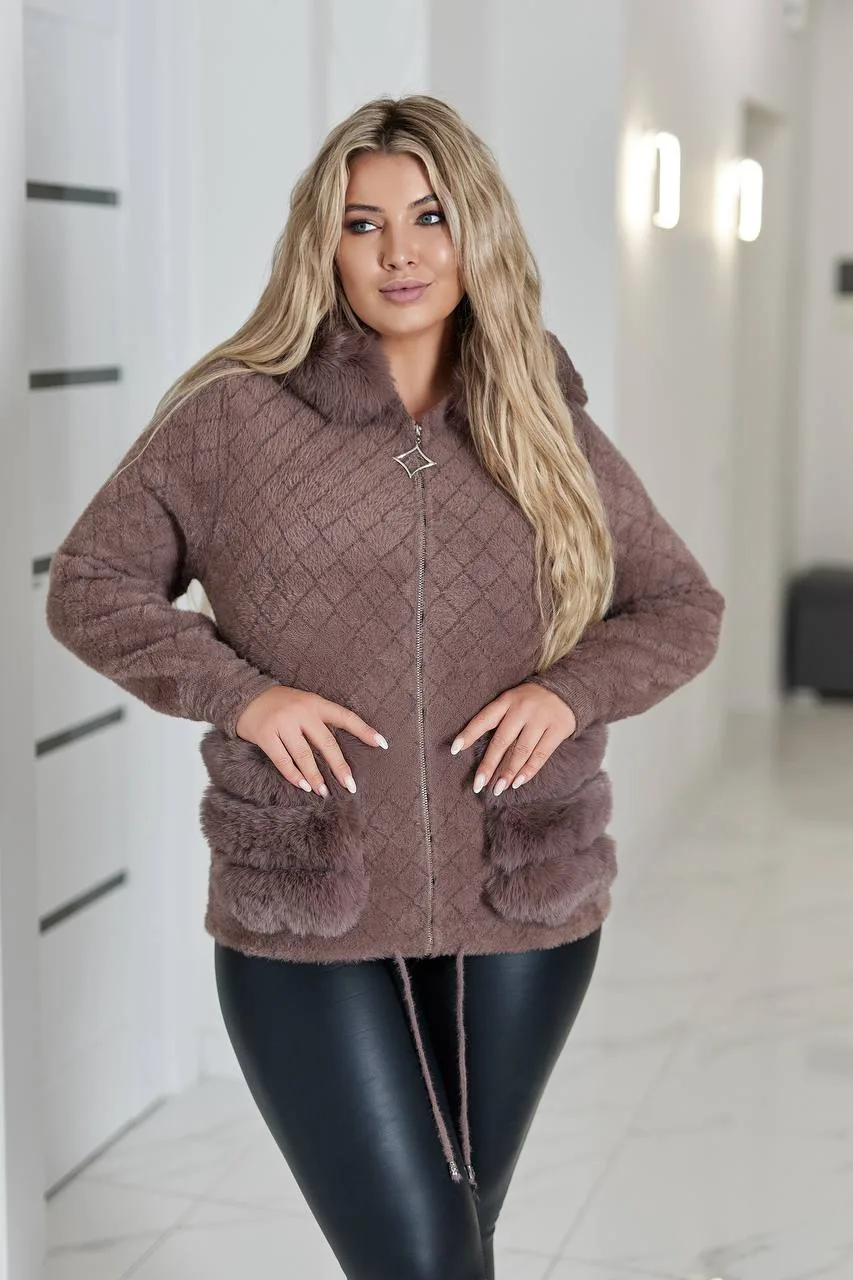 Коротке пальто з альпаки жіноче | Тепле пальто з хутром | Розміри 50–58 - Зображення 5