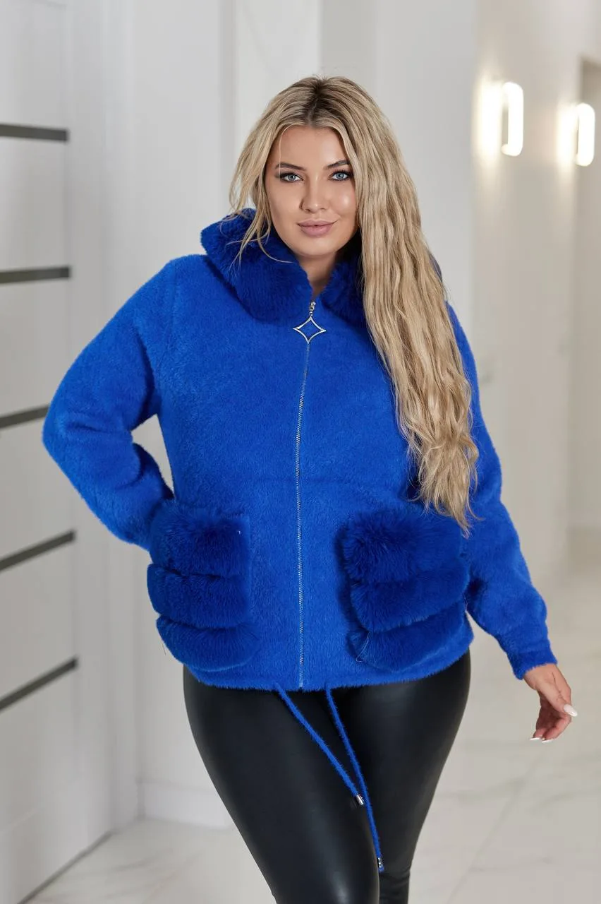 Коротке пальто з альпаки жіноче | Тепле пальто з хутром | Розміри 50–58