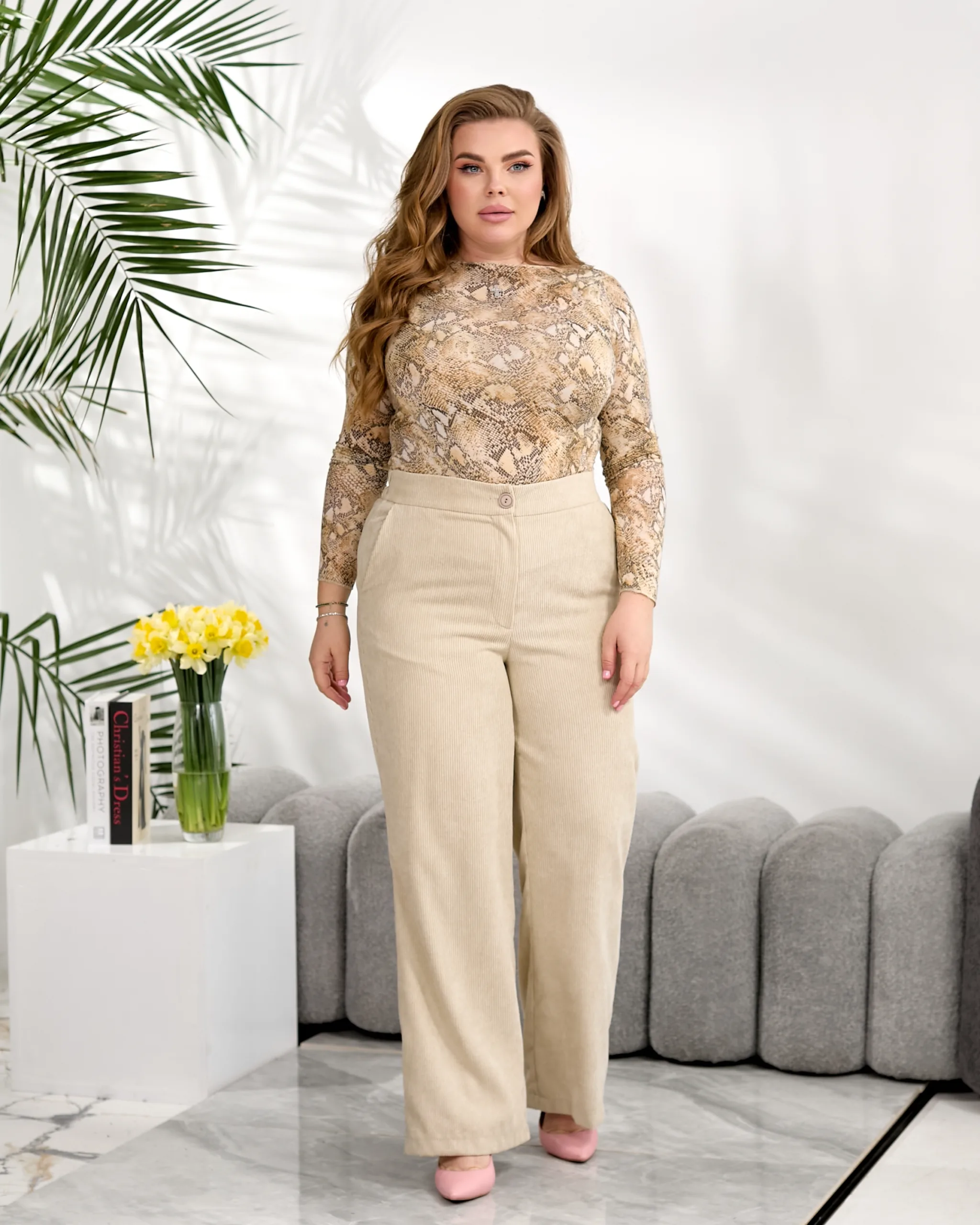 Вельветові широкі штани великих розмірів з високою посадкою