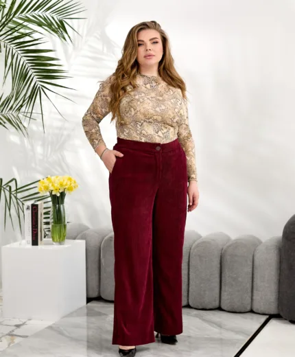 Вельветові широкі штани великих розмірів з високою посадкою