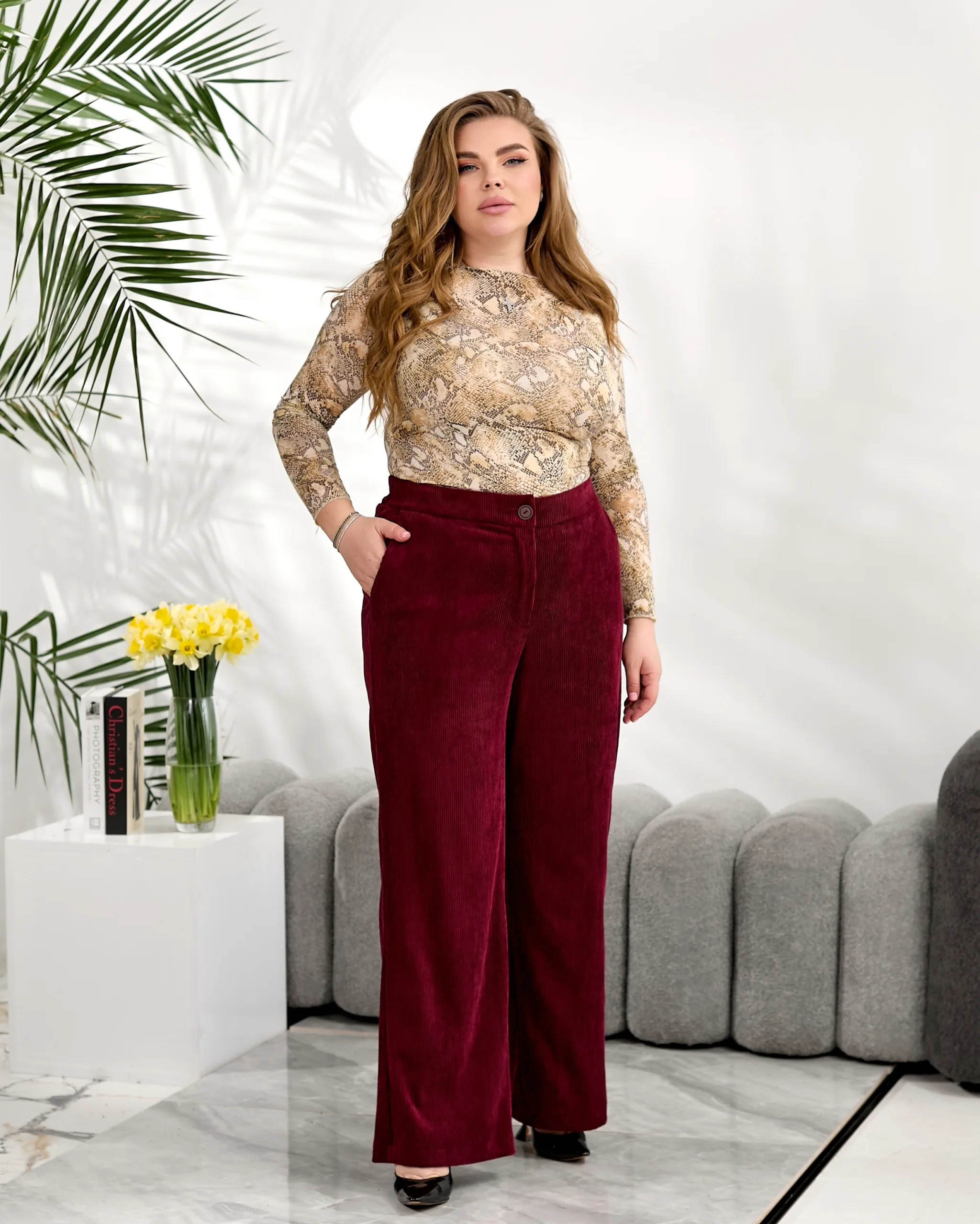 Вельветові широкі штани великих розмірів з високою посадкою
