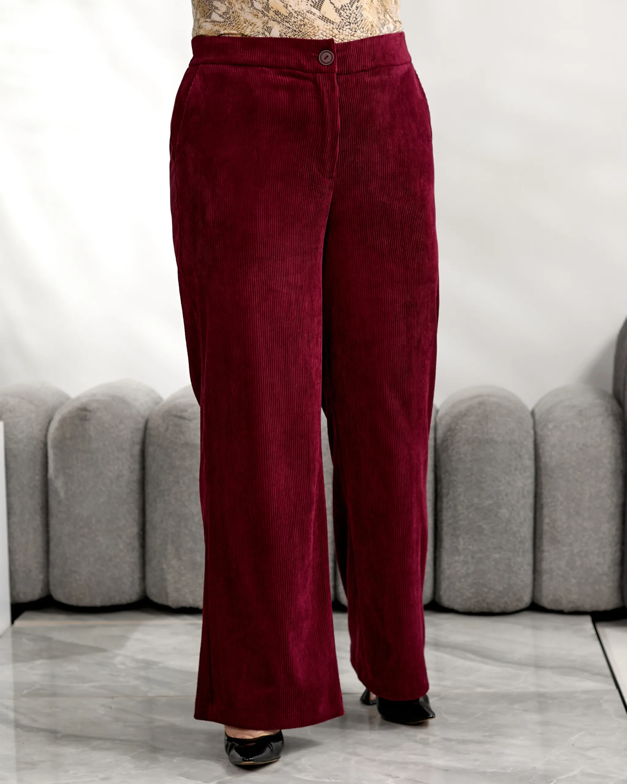 Вельветові широкі штани великих розмірів з високою посадкою - Зображення 9