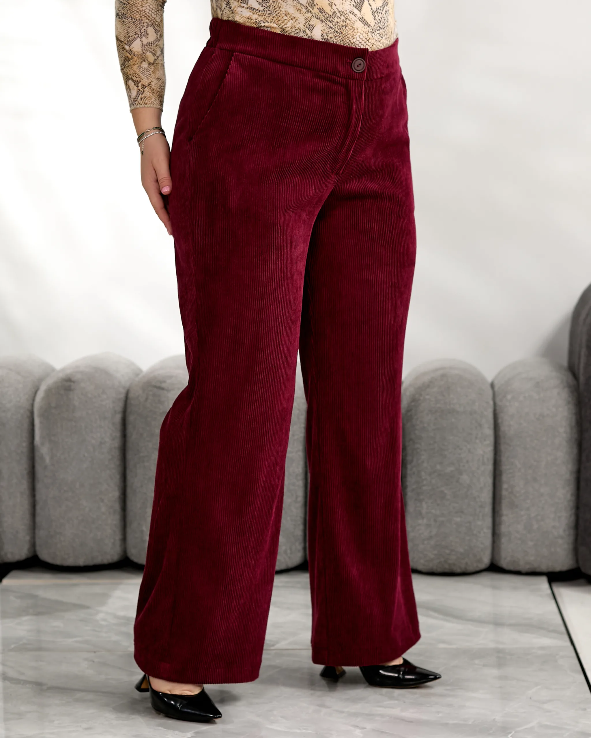 Вельветові широкі штани великих розмірів з високою посадкою - Зображення 6