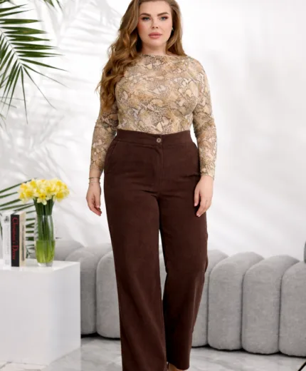 Вельветові широкі штани великих розмірів з високою посадкою
