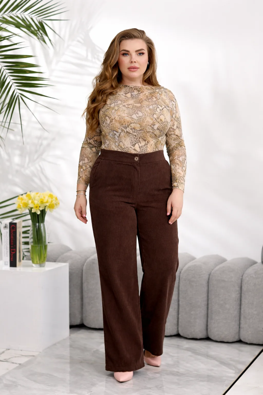Вельветові широкі штани великих розмірів з високою посадкою