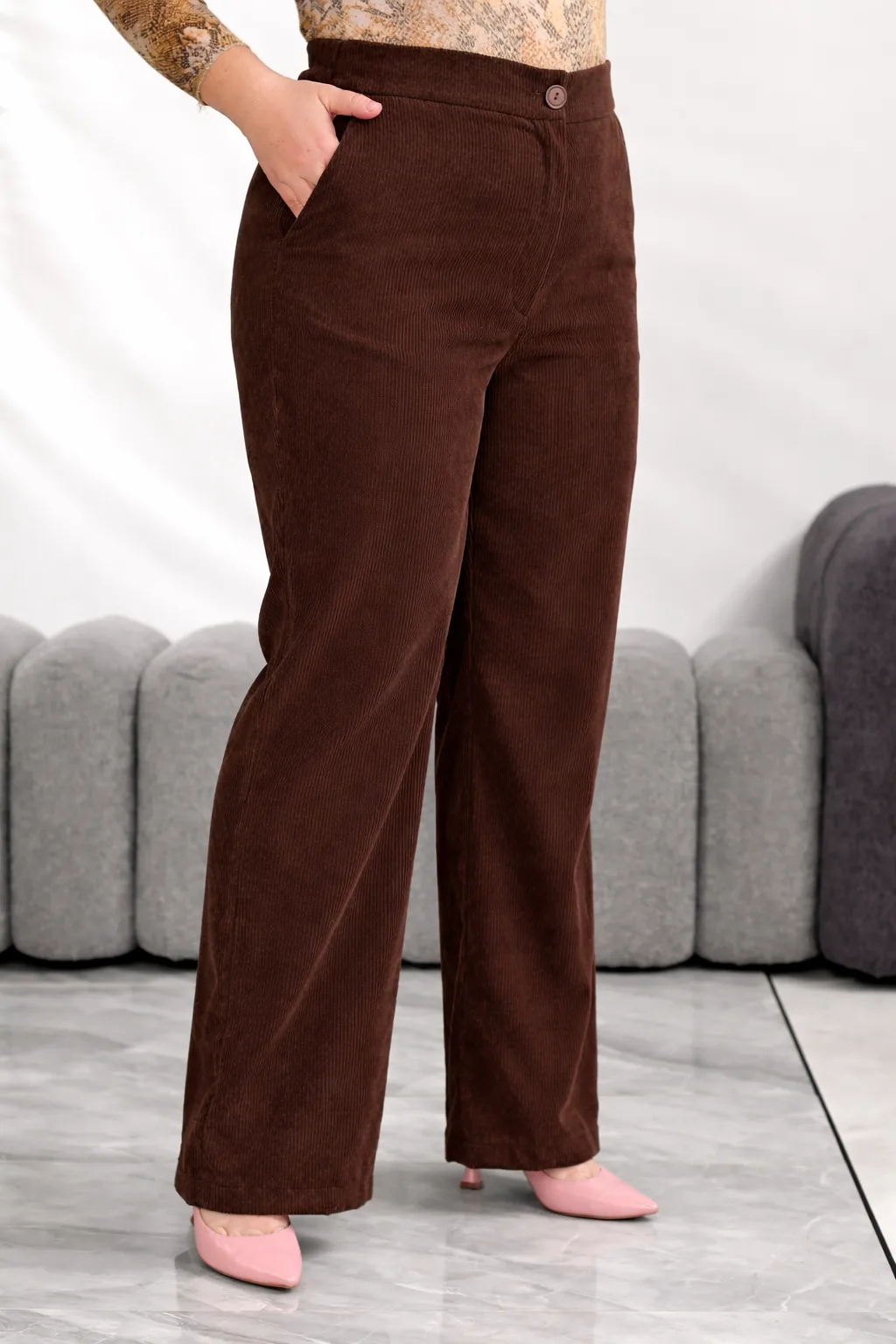 Вельветові широкі штани великих розмірів з високою посадкою - Зображення 2