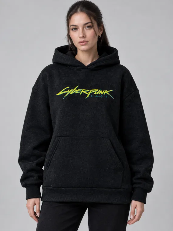 Чорне жіноче худі оверсайз Cyberpunk 2077 — вигляд спереду